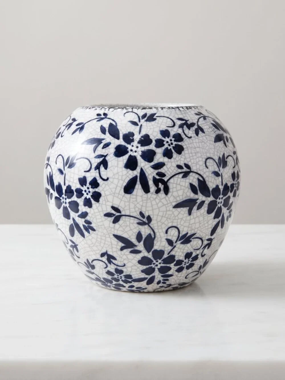 Vintage Blue White Crackle Glaze Ceramic Cachepot Planter Vase Floral 7.25